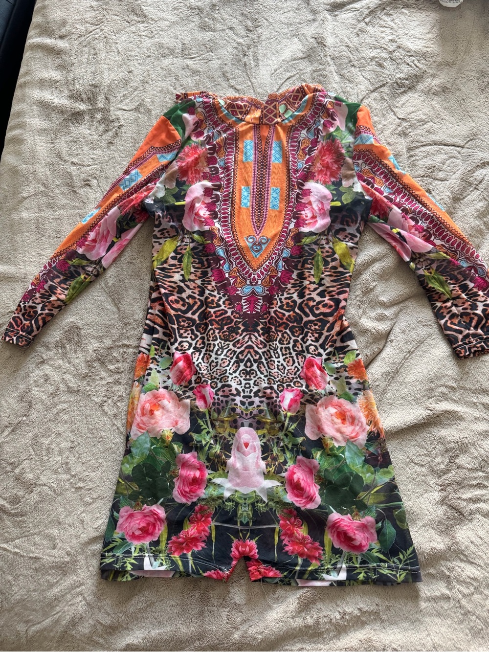 SHEIN Long Sleeve Multicolor Floral & Leopard Print Mesh Romper one size